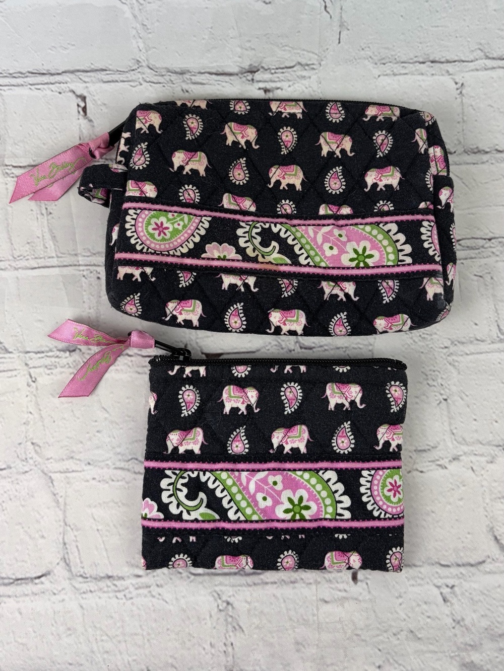 Vera Bradley Pink Elephant Medium Cosmetic Bag & Small Pouch Wallet 2 Pc Set